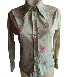 Women's Large Vintage 1970's Wild Green Floral Button-Up Disco Shirt Blouse